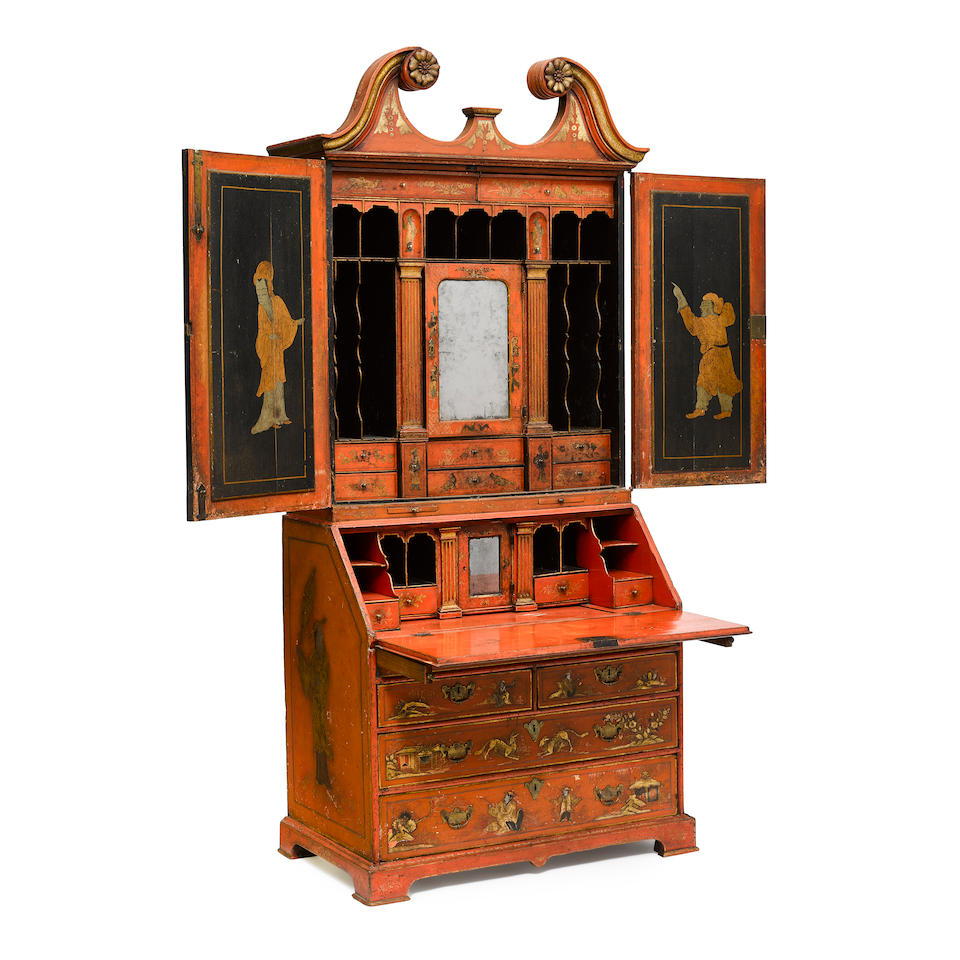 A GEORGE I CHINOISERIE DECORATED RED LACQUERED SECRETARY CABINETEarly 18th century