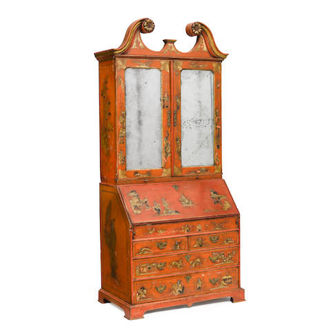 A GEORGE I CHINOISERIE DECORATED RED LACQUERED SECRETARY CABINETEarly 18th century