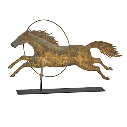 A FINE MOLDED GILT COOPER HORSE JUMPING THROUGHOUT HOOP WEATHERVANEAttributed to A. L. Jewel & Co., Waltham, MA, third quarter 19th century image 1