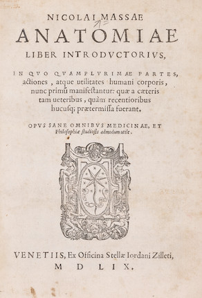 MASSA, NICCOLO. 1485-1569.  Anatomiae liber introductorius, in quo quamplurimae partes, actiones, atque utilitates humani corporis.... Venice J. Zilleti, 1559. image 1