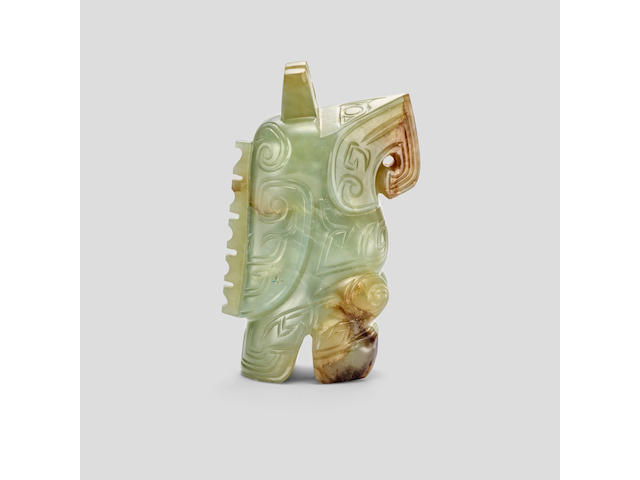 A grey-celadon, russet and black Jade owl pendant  Shang dynasty or later