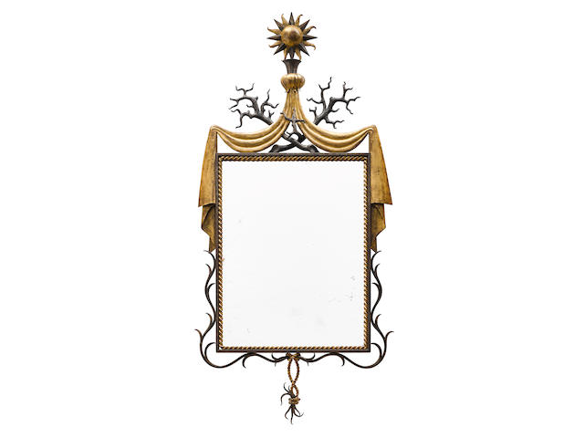 Gilbert Poillerat (1902-1988) Rare Mirror1948patinated and parcel gilt wrought iron and mirrored glassheight 63 1/2in (161cm); width 30in (76cm); depth 2in (5cm)