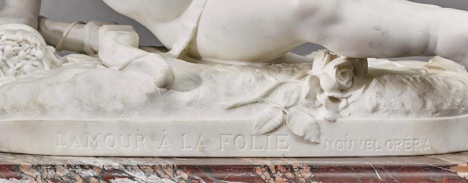 A FRENCH CARVED MARBLE FIGURE: L'AMOUR &#192; LA FOLIEJean-Baptiste Carpeaux (French, 1827-1875), circa 1873