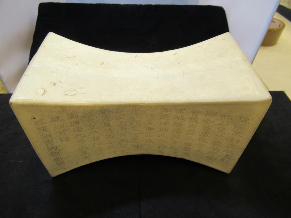 A Rare Imperially-Inscribed white-glazed ingot-shaped pillow The pillow Song Dynasty (960-1279), the inscribed poem dated 1746