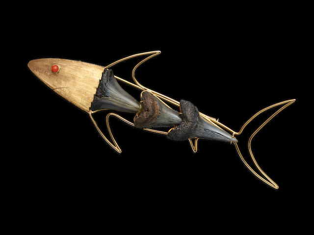 Large and Impressive Fossil Shark's Tooth and Gold Brooch by Ivana Cella