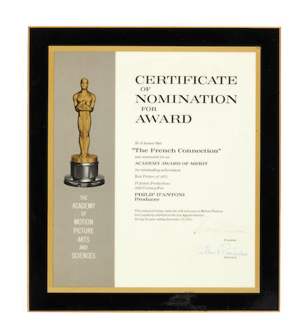 An Academy Award&#174; nomination certificate for The French Connection