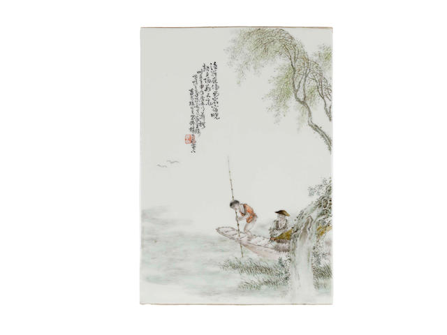 An enameled porcelain plaque of fishermen Style of Wang Qi, Republic period