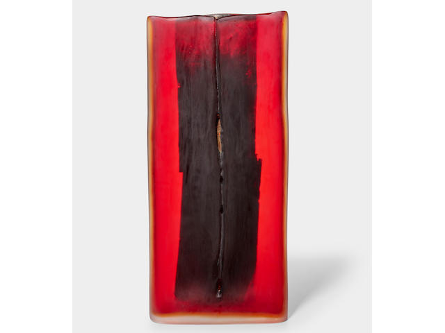 Laura de Santillana (1955-2019) Untitled2006blown glass with silver leaf applications and sommerso layers of red and yellow, acid-frosted surface, engraved 'LAURA DE SANTILLANA 2006'height 19in (47.5cm); width 8 1/4in (21cm); depth 2in (5.2cm)
