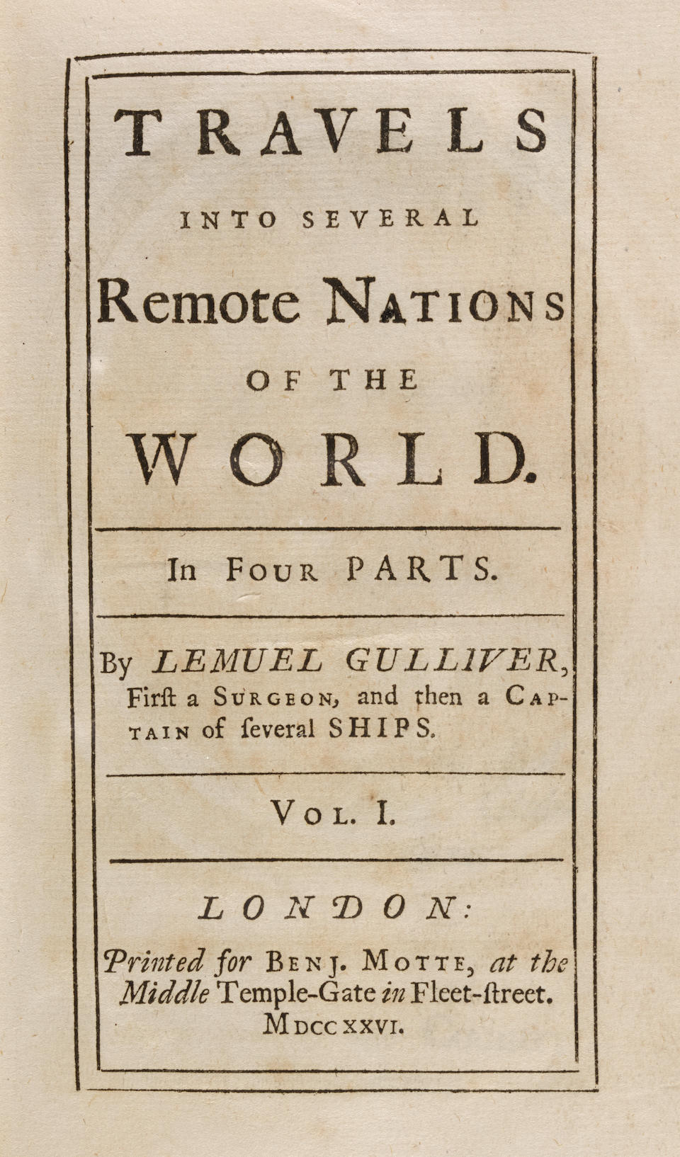 AN EXTRAORDINARILY FINE COPY OF GULLIVER'S TRAVELS. SWIFT, JONATHAN. 1667-1745. Travels into Several Remote Nations of the World ... by Lemuel Gulliver. London: Printed for Benj. Motte, 1726.