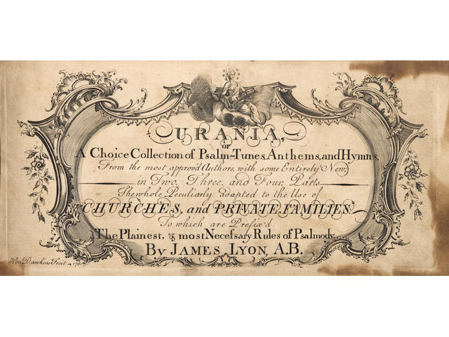 FIRST APPEARANCE IN AMERICA OF MUSIC FOR "(AMERICA) MY COUNTRY TIS OF THEE." LYON, JAMES. 1735&#8211;1794. Urania: A Choice Collection of Psalm-tunes, Anthems and Hymns...Adapted to the Use of Churches, and Private Families. [Philadelphia: William Bradford], 1761.