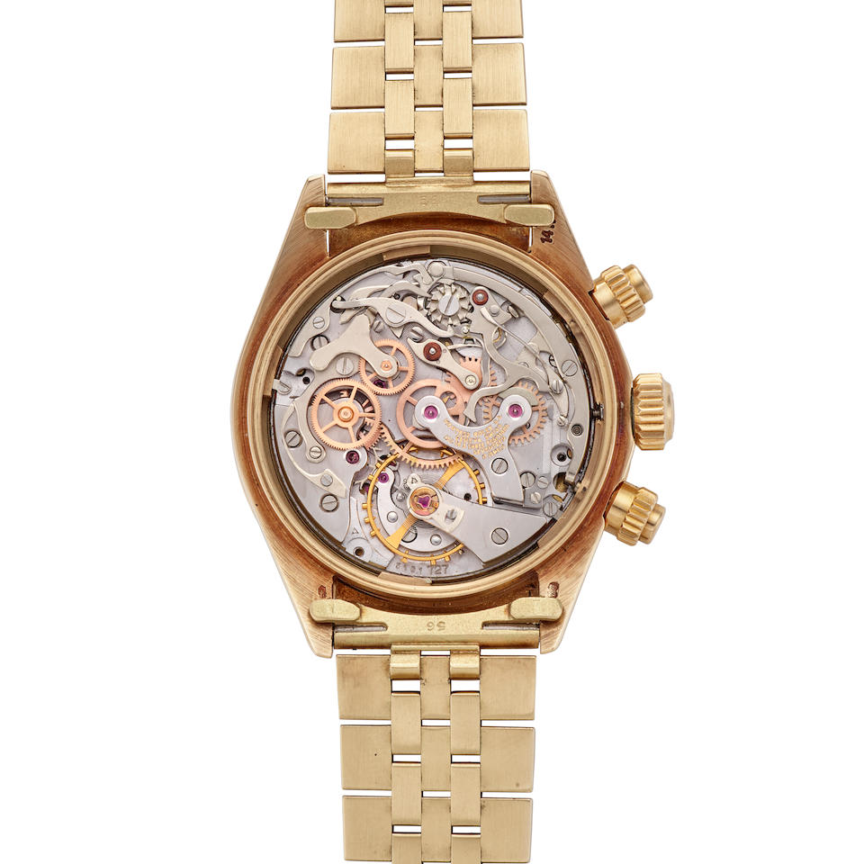ROLEX. AN EXCEPTIONAL AND RARE 14K GOLD MANUAL WIND CHRONOGRAPH BRACELET WATCH Cosmograph, Ref: 6263/5, c.1977
