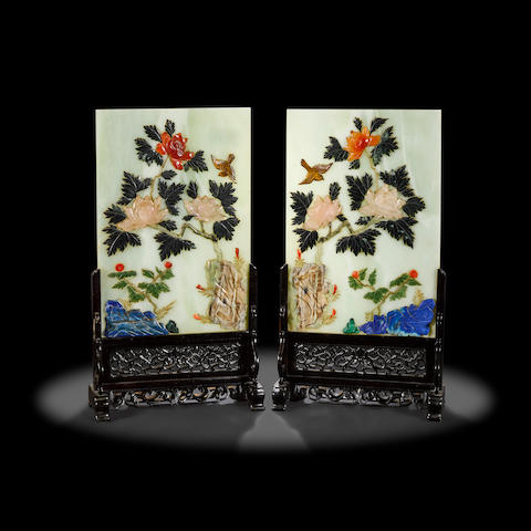 Two Multi-gemstone Carved Table Screens