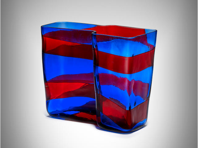 FULVIO BIANCONI (1915-1996) Rare Scozzese Vase 1954-57model no. 4593, for Venini, mould blown vase with applied bandsheight 7 1/2in (19cm); width 9 1/2in (24cm); depth 3 7/8in (9.8cm)
