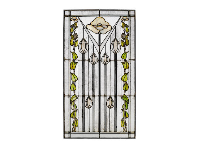 George Washington Maher (1864-1926)  Vine and Poppy Front Door Window Panelcirca 1905for the Herman W. Mallen House, Oak Park, Illinois, zinc leaded glassheight 54in (137.1cm); width 30in (76.2cm); depth approximately 1/4in (.6cm)