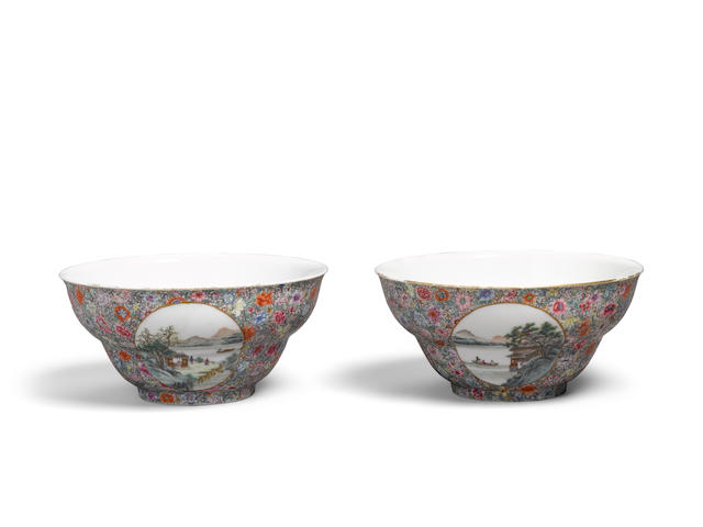 A pair of millefleur ogee bowls with landscape reserves Qianlong mark, Late Qing/Republic period