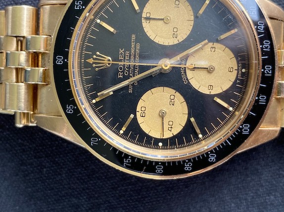 ROLEX. AN EXCEPTIONAL AND RARE 14K GOLD MANUAL WIND CHRONOGRAPH BRACELET WATCH Cosmograph, Ref 6263/5, c.1977 image 10