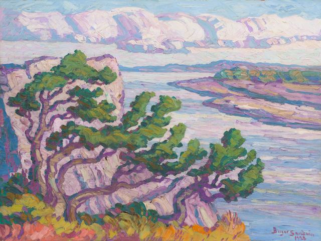 Birger Sandz&#233;n (1871-1954) Riverbank with Cedars, Rocheport, MO 35 7/8 x 48in framed 39 x 52in (Painted in 1928.)