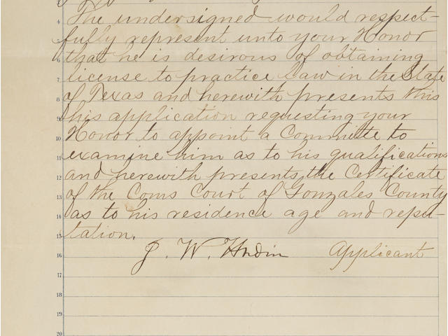 JOHN WESLEY HARDIN'S APPLICATION TO PRACTICE LAW.  FISHER, JOHN KING. 1853-1884. Document Signed ("J.W. Hardin"), requesting a law license in the state of Texas, 1 p, legal folio,