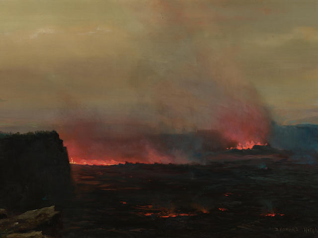 David Howard Hitchcock (1861-1943) Untitled (Burning Lake, Hawaii) 18 1/8 x 36 1/4in framed 31 1/4 x 49 3/8in (Painted in 1891.)