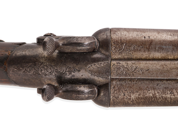 BILLY THE KID WHITNEY DOUBLE BARREL HAMMER SHOTGUN TAKEN FROM DEPUTY BOB OLINGER AND USED TO KILL HIM DURING BILLY THE KID'S DRAMATIC LINCOLN COUNTY COURTHOUSE ESCAPE ON APRIL 28, 1881.  Serial no. 903, circa 1880, 10 gauge 25 1/4 inch round brown Damascus twist pattern. image 9