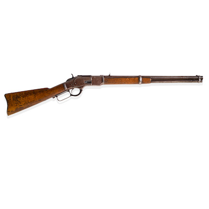 PAT GARRETT'S WINCHESTER TAKEN FROM BILLY WILSON WHEN HE WAS CAPTURED AT STINKING SPRINGS. Serial no. 47629 for 1880, 20 inch round barrel, folding rear sight, walnut stock. image 1