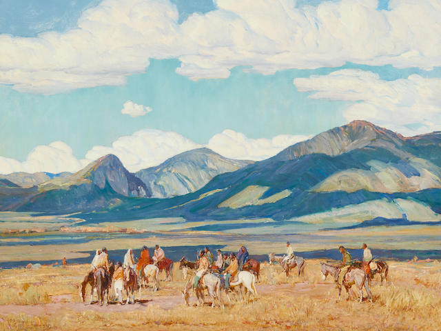 Oscar Edmund Berninghaus (1874-1952) Gathering For the Rabbit Hunt 30 x 34in framed 37 1/2 x 41in (Painted in 1927.)