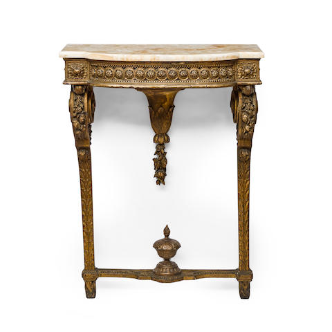 A NEOCLASSICAL STYLE MARBLE TOP AND GILTWOOD CONSOLE TABLE