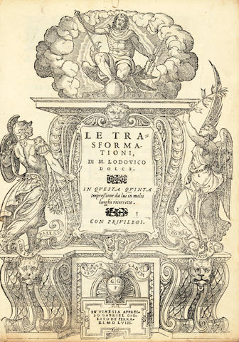 OVID. 43 B.C.E.-17 A.D.E. DOLCE, LODOVICO, translator. c.1508-1568.  Le trasformationi. Venice: Gabriel Giolito de Ferrari, 1558.