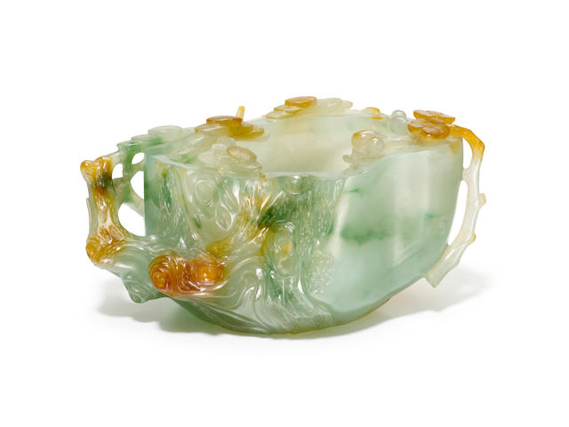A semi-transclucent apple-green and russet jadeite brush-washer Qianlong mark, possibly 18th century