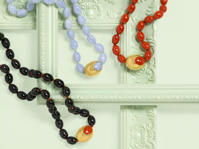 TIFFANY & CO.: A GROUP OF THREE 18K GOLD AND BEADED HARDSTONE NECKLACES
