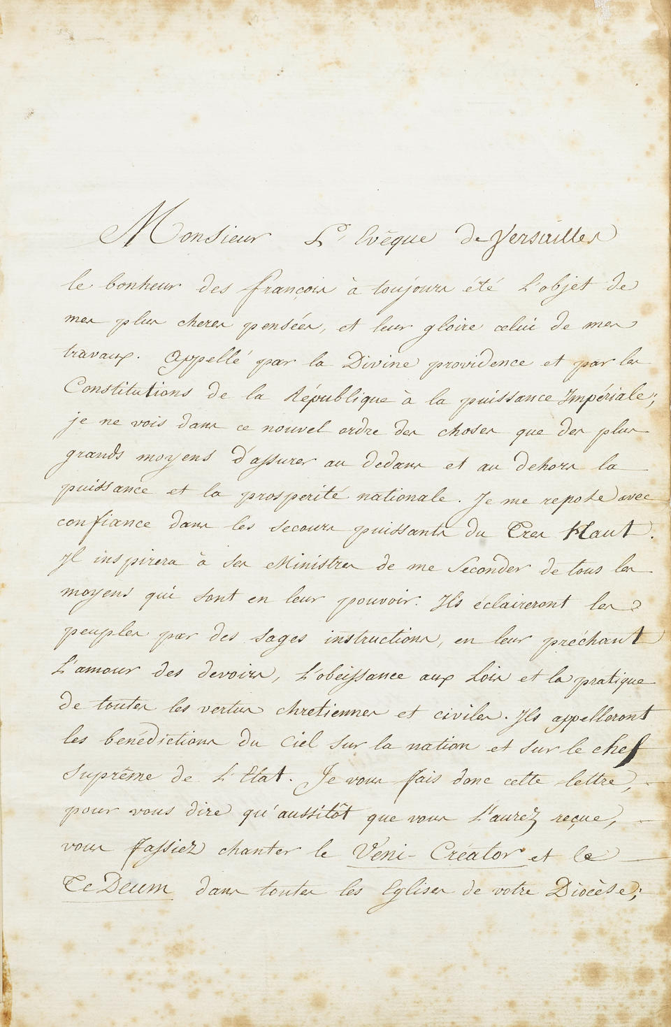 CORONATION OF 1804 NAPOLEON BONAPARTE. Letter signed ("Napoleon"), to the Bishop of Versailles regarding his impending coronation as Emperor, St. Cloud, 1st Prairial, year 12 [20 May 1804]