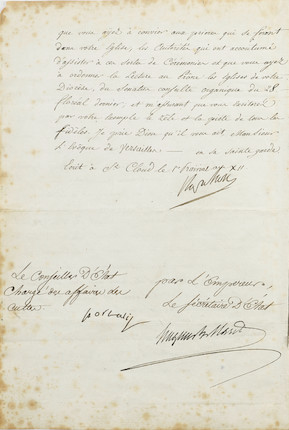 NAPOLEON PROCLAIMS HIS ACCESSION AS EMPEROR. Letter Signed (Napoleon), to the Bishop of Versailles regarding his impending coronation as Emperor, image 1