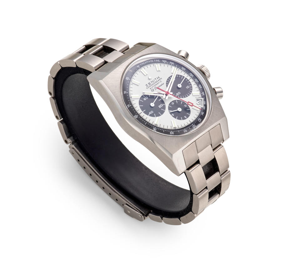 ZENITH. A STAINLESS STEEL AUTOMATIC CALENDAR BRACELET WATCH WITH CHRONOGRAPH El Primero Revival, 50th Anniversary Edition, Ref: 03.A384.400/21.C815, Sold 7th November, 2019