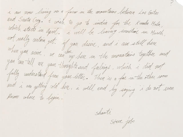 JOBS, STEVE. 1955-2011. STEVE JOBS REVEALS HIS SPIRITUAL SIDE. Autograph Letter Signed ("steve jobs"), 1p, 4to, [Santa Cruz Mountains], [February 23, 1974], to Tim Brown, with autograph envelope,