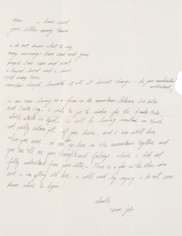 JOBS, STEVE. 1955-2011. STEVE JOBS REVEALS HIS SPIRITUAL SIDE. Autograph Letter Signed ("steve jobs"), 1p, 4to, [Santa Cruz Mountains], [February 23, 1974], to Tim Brown, with autograph envelope,
