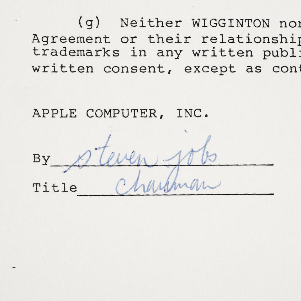STEVE JOBS & MACINTOSH STEVE JOBS SETS THE STAGE FOR DESKTOP PUBLISHING. Document Signed ("steven jobs") as Chairman of Apple Computer, Inc. & ("K.R. Wigginton"), 12 pp, quarto, Cupertino, CA,  July 12, 1982,