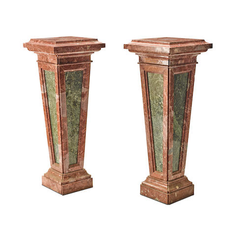 A PAIR OF RED AND GREEN MARBLE COLUMNS