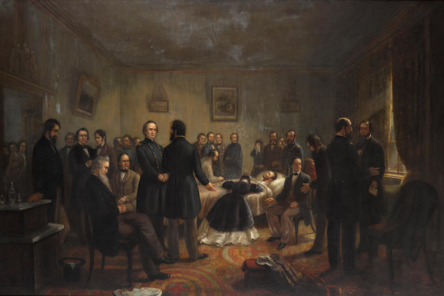 THE FINAL HOURS OF ABRAHAM LINCOLN. BURNS, J., painter. Death-Bed of Abraham Lincoln. Oil on canvas, 1866.