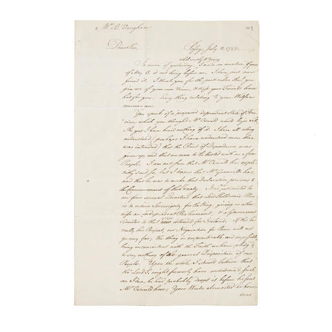 FRANKLIN, BENJAMIN. 1706-1790.  Autograph Letter Signed ("B. Franklin"), to Benjamin Vaughan regarding the terms of the peace agreement between the US and Great Britain,