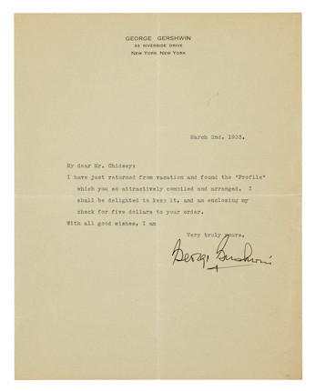 GERSHWIN, GEORGE. 1898-1937. Typed Letter Signed (George Gershwin) to Mr. Chidsey, image 1