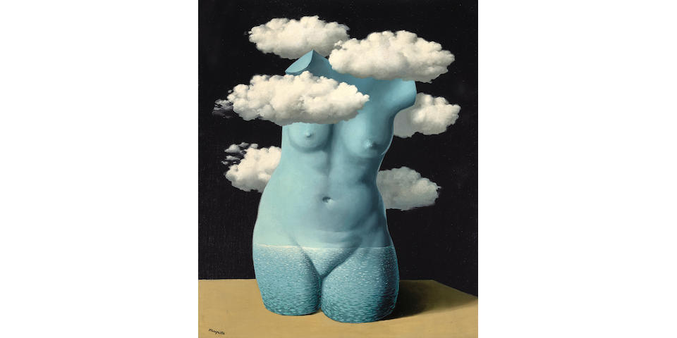 RENÉ MAGRITTE (1898-1967) Torse nu dans les nuages 28 11/16 x 23 11/16 in (72.8 x 60.2 cm) (Painted circa 1937)