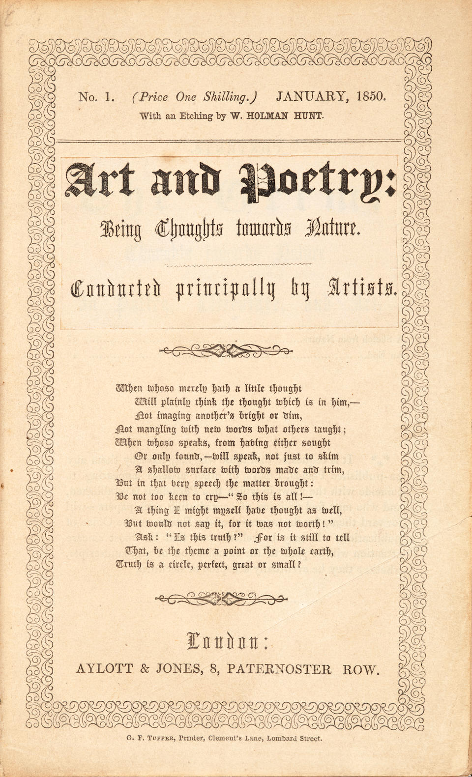 ROSSETTI, DANTE GABRIEL. 1828-1882. ROSSETTI, WILLIAM MICHAEL. 1829-1919. EDITOR.  The Germ: Thoughts towards Nature in Poetry, Literature and Art. London: Aylott & Jones, and Dickinson & Co., 1850