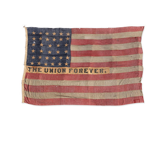 HISTORIC CIVIL WAR UNION FLAG. Large 34-star U.S. flag, printed with "The Union Forever," Philadelphia, 1861,