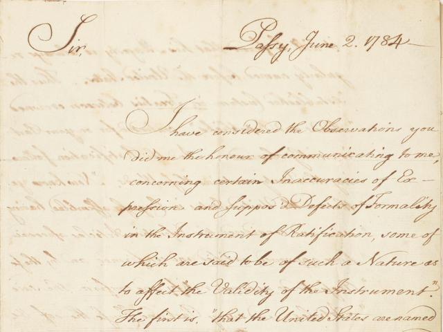 FRANKLIN, BENJAMIN. 1706-1790.  Autograph Letter Signed ("B. Franklin") to David Hartley addressing Hartley's final issues with the recently completed ratification of the Treaty of Paris,