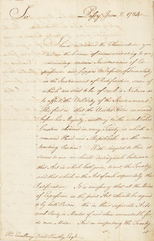 FRANKLIN, BENJAMIN. 1706-1790.  Autograph Letter Signed ("B. Franklin") to David Hartley addressing Hartley's final issues with the recently completed ratification of the Treaty of Paris,