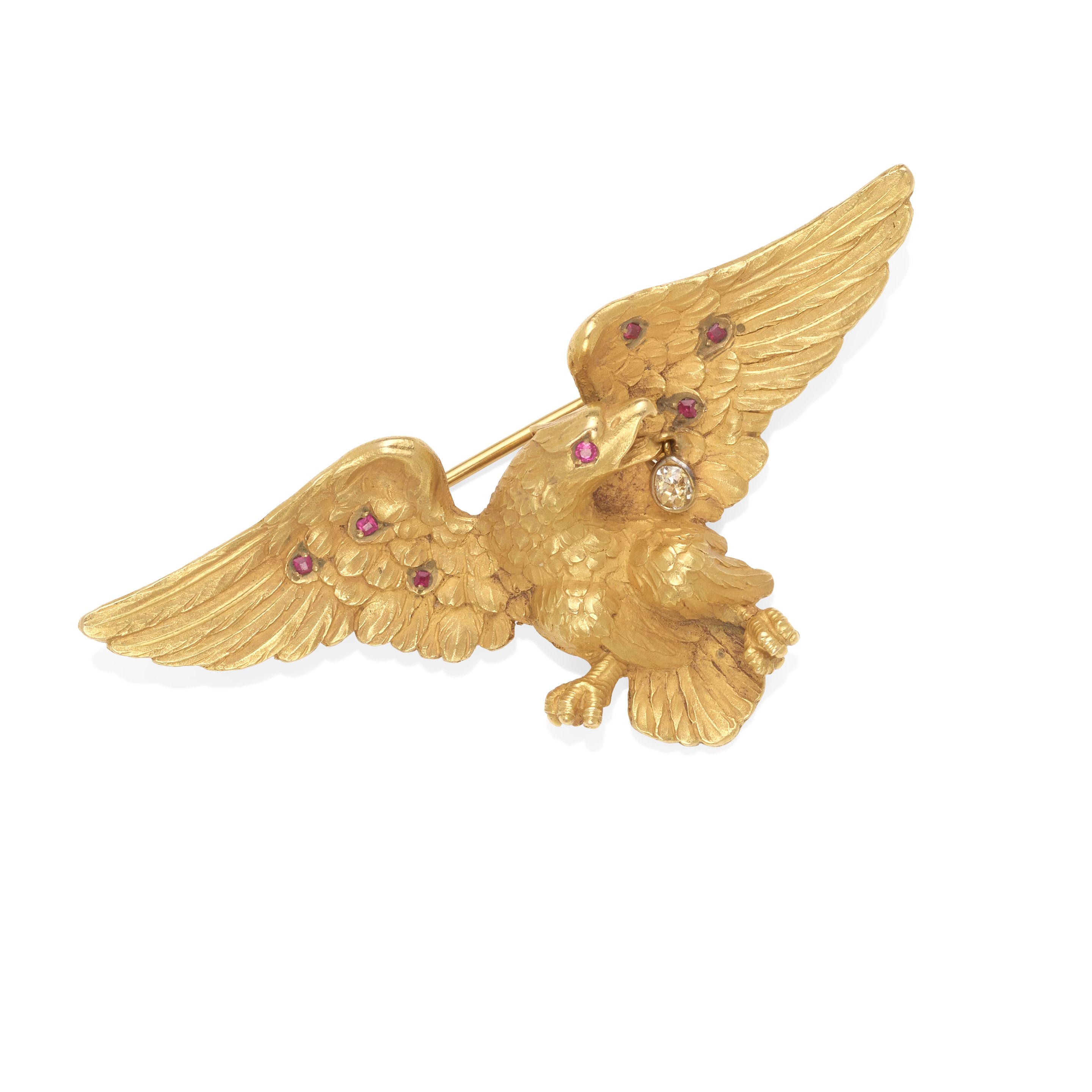 A 20K GOLD, DIAMOND AND RUBY EAGLE BROOCH