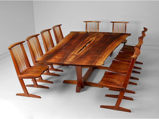 George Nakashima (1905-1990) Important Conoid Dining Table1969 two Persian walnut boards joined by five butterfly joints with open fissures and two free edges, American black walnut signed 'Garrett' to the underside height 28 2/3in (72.8cm); length 96in (244cm); width 62in (157cm)