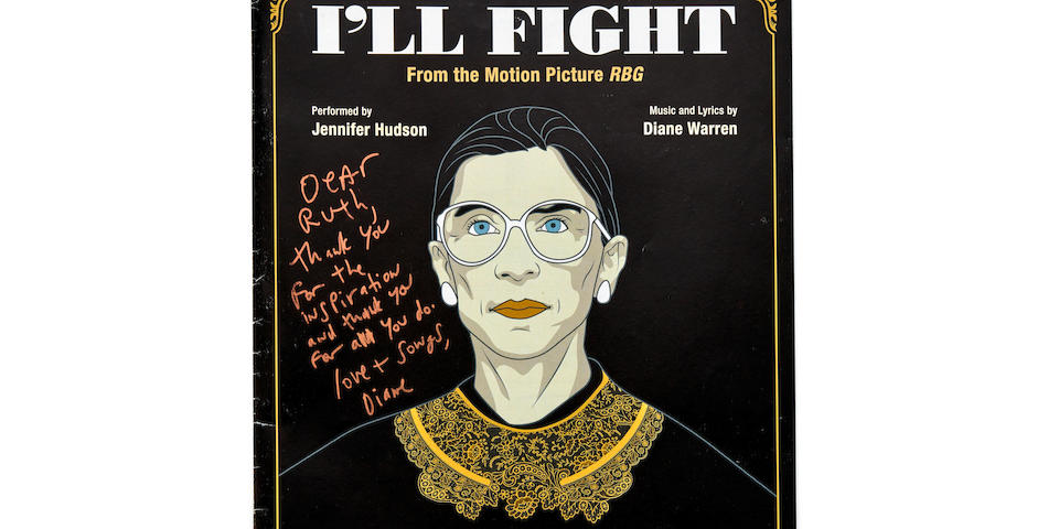 "I'LL FIGHT" SHEET MUSIC INSCRIBED TO RBG. WARREN, DIANE. "I'll Fight" (From the Motion Picture RBG). Van Nuys, CA: Alfred, 2018.