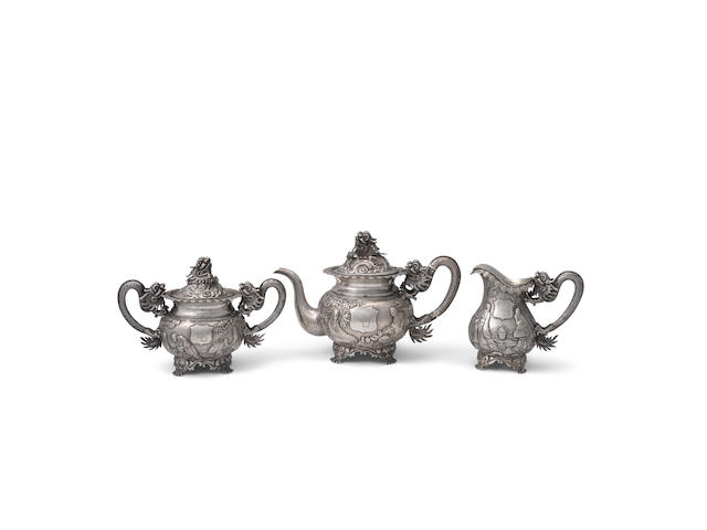 A Chinese export silver three-piece tea set  19th century  (3)