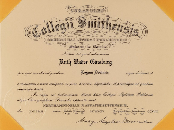HONORARY DEGREE AWARDED TO GINSBURG BY SMITH COLLEGE. Honorary Doctorate Legum Doctoris presented to Ruth Bader Ginsburg by Smith College, image 2
